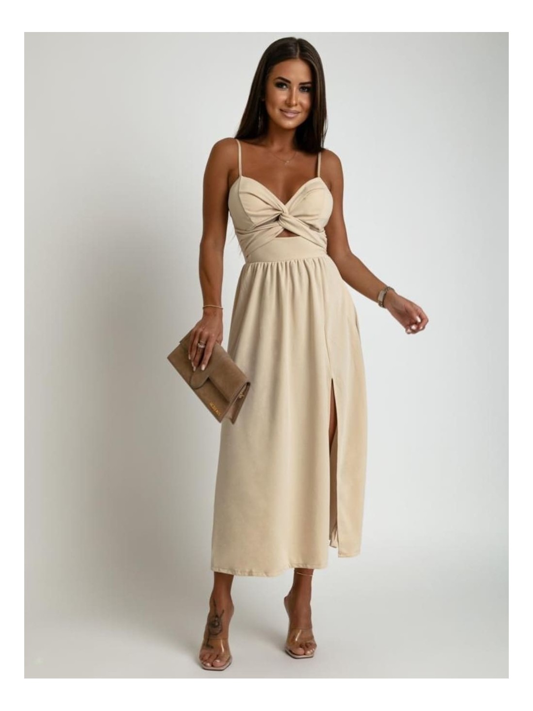 Beige summer midi dress with straps AZR010481